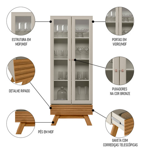 Cristaleira 2 Portas Com Gaveta Marcela L06 Nature/off White Cor Marrom amarelado