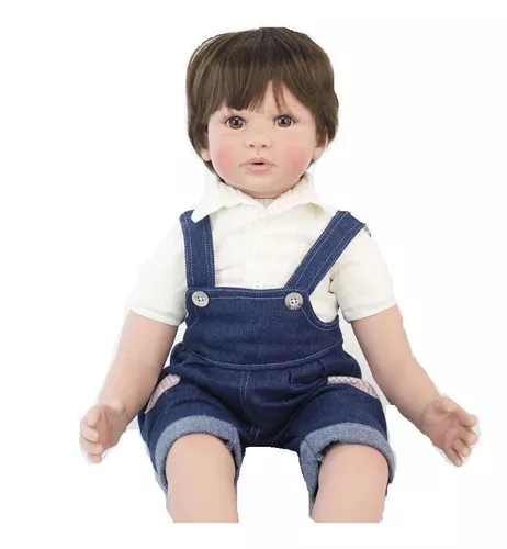 Bebê Reborn Menino Pedrinho Cabelo Castanho Roupa Jeans 60cm