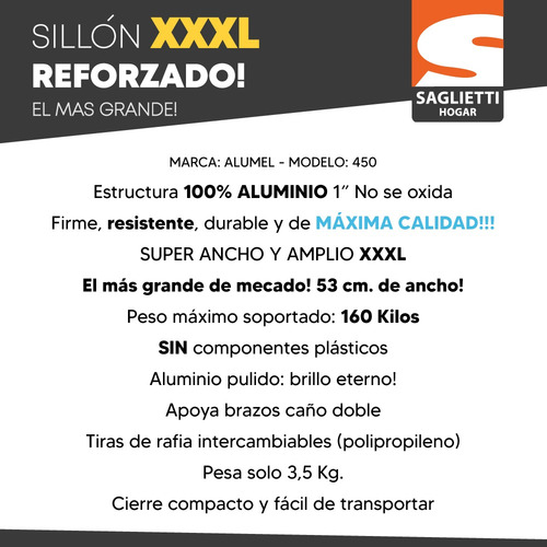 Imagen 3 de 9 de Sillon Aluminio Xxxl El Mas Ancho Reforzado 160 Kg Alumel