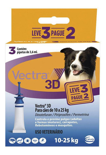 Vectra 3d Caes 10 A 25kg 3.6ml Anti-pulgas Ceva 3 Pipetas