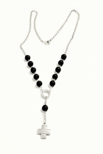 Imagen 2 de 4 de Collar Denario Acero Quirúrgico Y Piedra Volcánica 10 Mm