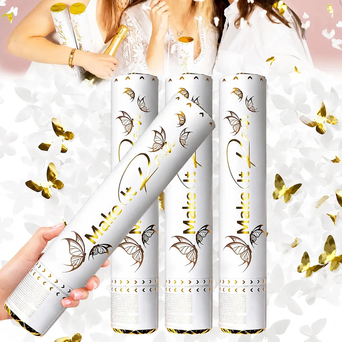 Imagen de Pack de 4 Tubos Lanzador de Confeti de Mariposas Blanco y Dorado para Fiestas