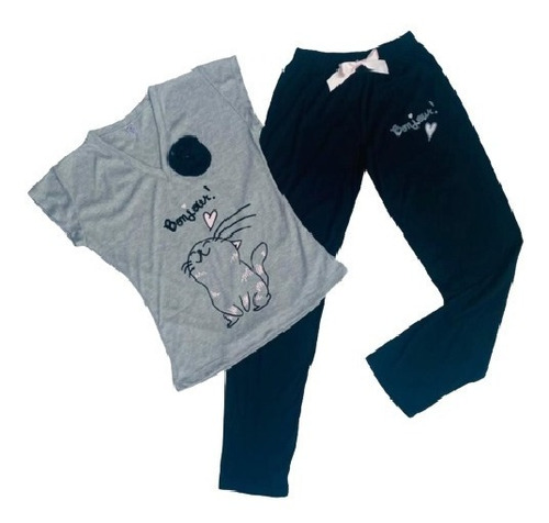 Pijamas Poli Algodon Dama Pantalon Largo Camiseta Cat Lover