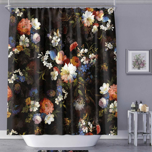 Macofe Juego Cortina Decorativa Ducha Floral Negra Gancho 72