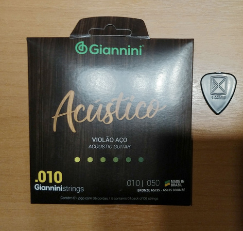 Cordas Violão Aço Giannini Acústico 0.10 + Palheta 1mm