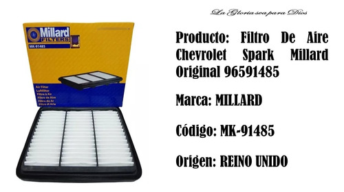 Filtro Aire Millard Chevrolet Spark  Mk-91485 06-up