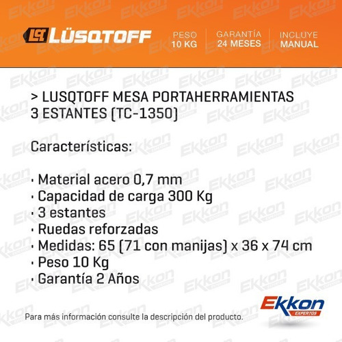 Imagen 2 de 8 de Mesa Portaherramientas Lusqtoff 3 Bandejas C/ Ruedas Taller