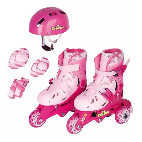 Imagem 1 de 7 de Patins In-line Tri-line Rosa 26 A 29 Menina + Acessorios