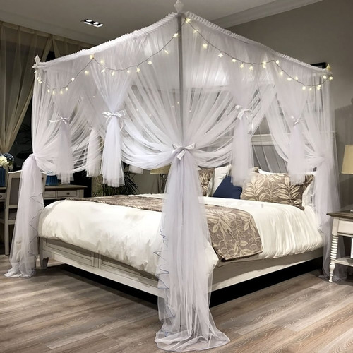 Joyreap Mosquitero De Cama Lujosa Red De Toldo 4 Esquinas Poste De Cama Estilo Princesa Decoración De Recámara Para Adultos Y Niñas Cama Doble / Tamaño Queen Adecuado, Blanco