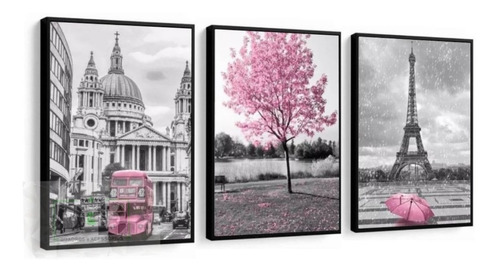 Quadro Decorativo Horizontal Cidade Paris Rosa 3mm