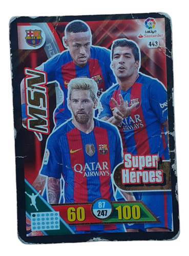Tarjeta Panini Adrenalyn Super Héroes Messi, Suarez, Neymar