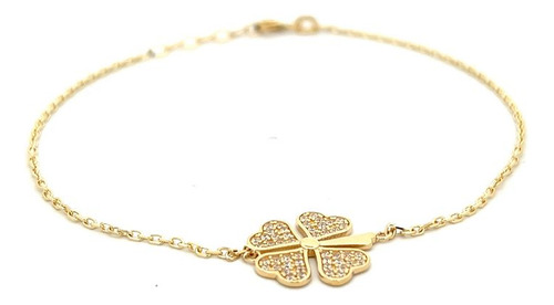 Pulsera De Oro Amarillo 18k Limada Trébol Con Piedras 