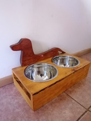 Comedero Y Bebedero Madera Para Perro Pequeño, Platos Inox.