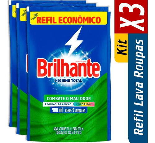 Kit 3 Refil Sabao Liquido Brilhante Higiene Total 900ml