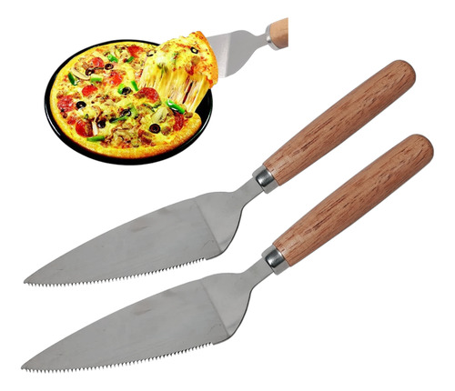 X2 Espatula Para Cortar Picar Pizza Con Mango De Madera 26cm