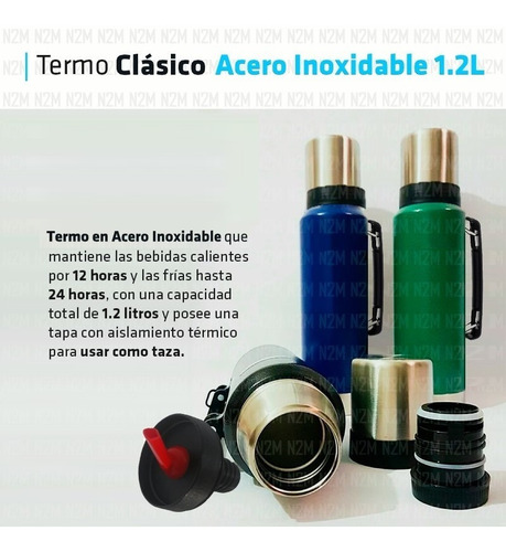 Imagen 3 de 10 de Termo 1.2 Litros Acero Inoxidable Pico Cebador Mate