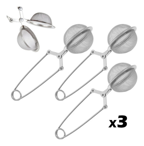 Kit 3 Infusores De Chá Inox Coador Peneira Ervas Com Cabo