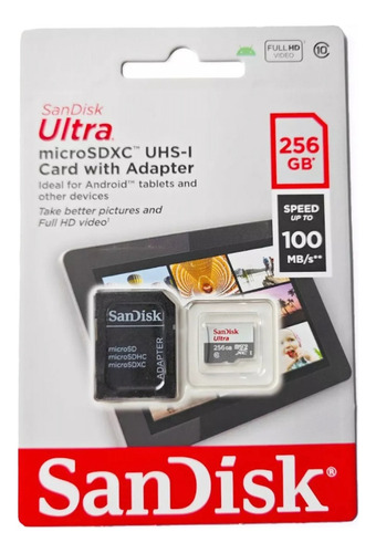 Cartão De Memória MicroSD 256Gb Sandisk Ultra Classe 10 Velocidade Até 100mb/s SDSQUNR-256G-GN6TA Com Adaptador SD microSDHC UHS-I