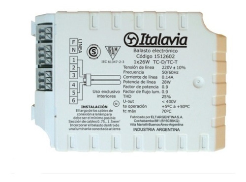 Balasto Electronico 1x26w Italavia Cod 1512602 P/dulux 4 Pin