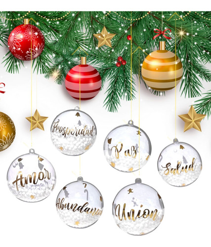 12 Esferas Bolas Navideñas Decoradas Personalizadas Con Deseos De Abundancia Con Copitos De Nieve Plásticas Transparentes De 8cm Roy majestic