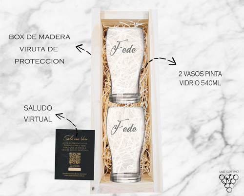 Regalo Box Madera Vaso Pinta X 2 Grabado Todo Personalizado