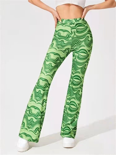 Pantalones Acampanados De Cintura Alta Elástica Con Estampad