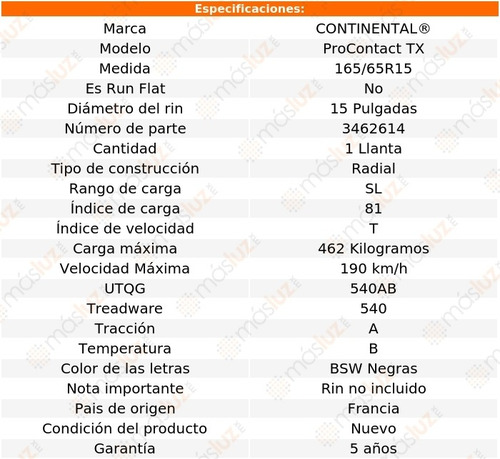 1 Llanta Procontact Tx Continental Medida 165/65r15 81t Sl