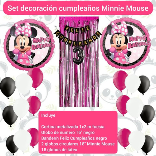 Combo Decoración Cumpleaños Minnie Cortina Banderin Globos