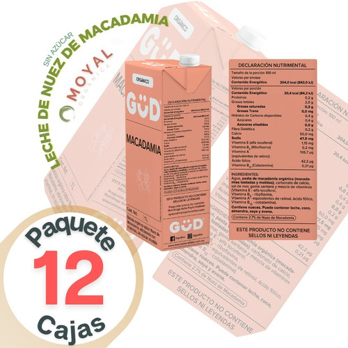 Leche De Macadamia Orgánica Sin Azúcar Gud 1 L Pack 12 Pzas