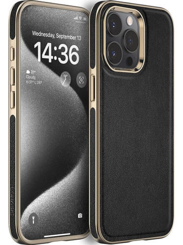 Funda De Cuero Antideslizante Para iPhone 15 Pro - Negro