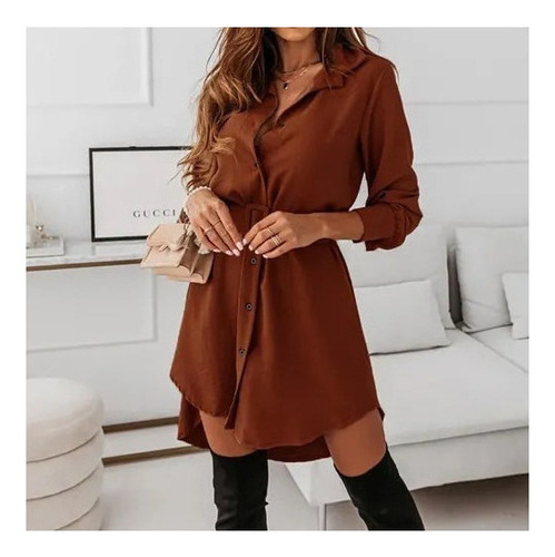 Vestido Camisero De Manga Larga Con Botones Y Cinturón