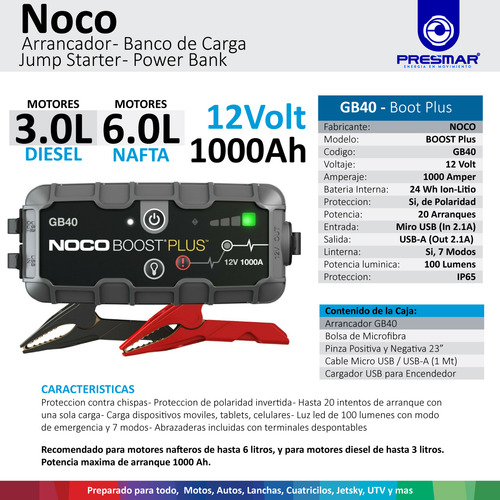 Imagen 2 de 10 de Arrancador Portatil Auto Power Bank Cargador Usb Noco 1000a