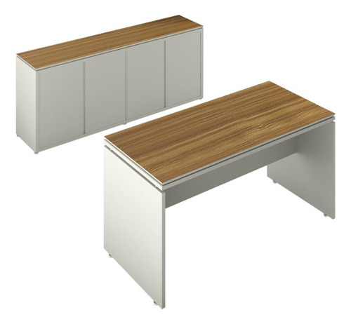 Conjunto De Escritório Office 2 Pç Mesa E Balcão Buffet Oslo Cor Fendi E Freijó