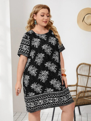 Vestido Túnico Negro Floral, Tallas Extra 1xl 2xl 3xl Y 4xl