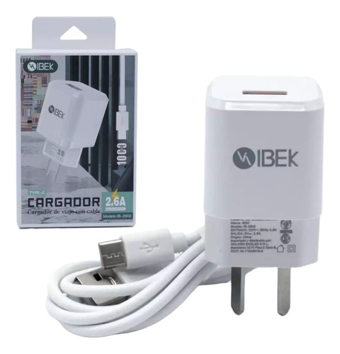 Cargador Tipo-c Rápido De Pared 220v+cable Usb Ibek Boxed Color Blanco