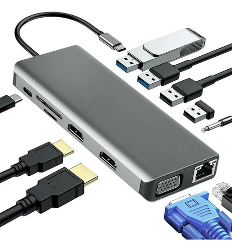  Hub Estación Tipo C 12 En 1 4k/2hdmi/vga/sd/tf/4usb/audio