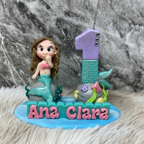 Imagem 8 de 10 de Topo Bolo Personalizado Biscuit Vela Sereia , Fundo Do Mar