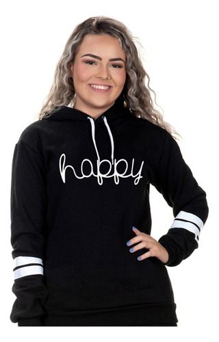 Moletom Com Listras Happy Blusa Frio Casaco S/ Bolso F06