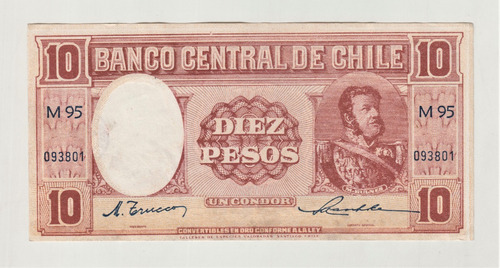 Billete Chile 10 Pesos Trucco Maschke Sin Hilo 1950´s (c85)