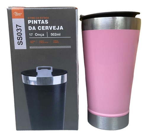 Copo Térmico Inox C/ Tampa E Abridor Rosa Bebê 473ml Liso