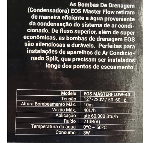Bomba Dreno Ar Condicionado Split Eos 40 Litros/hora - 220 V