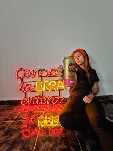 Cartel Neón Led Con Vos La Birra Entera - Frase Cervecera