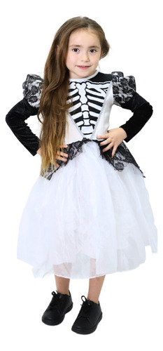 Disfraz Vestido Blanco De Catrina Esqueleto Con Maquillaje Para Niñas