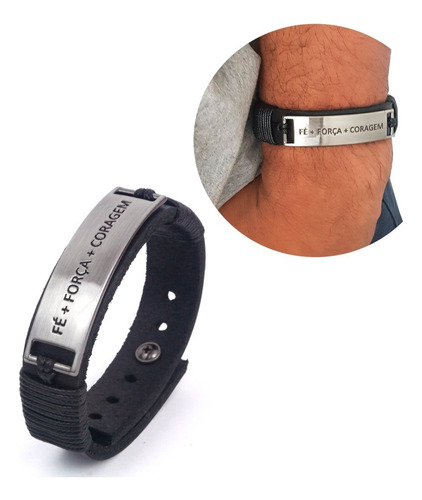 Pulseira Masculina Couro Fe + Força + Coragem Gospel