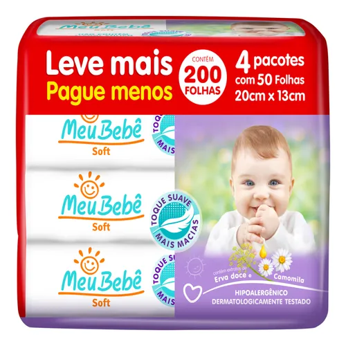 comprar Lenço toalha umedecida meu bebe soft 200 folhas pack 4x50