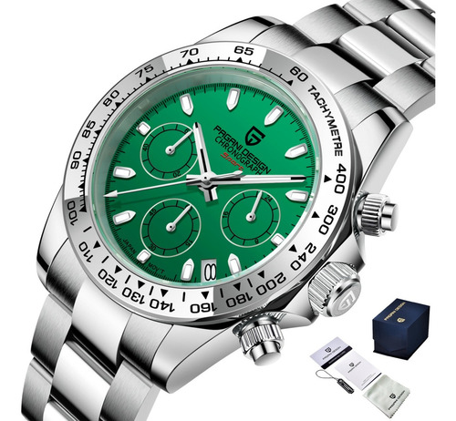 Pagani Design Reloj Hombres Cuarzo Luminoso Impermeable Correa Plateado Bisel Plateado Fondo Verde