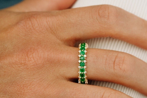 Anel De Esmeralda Natural Redonda / Ouro Diamante Em 18k