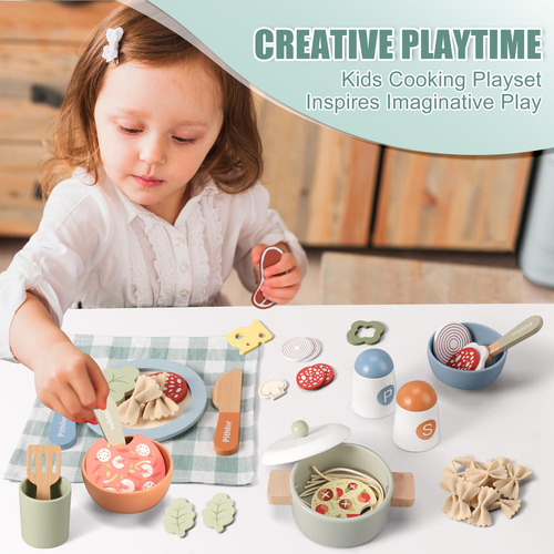 Set Cocina Madera Accesorios Niños Incluye Platos Olla Sarté Color