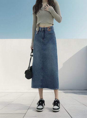 Od Falda Midi De Mezclilla De Cintura Alta En A For Mujer,