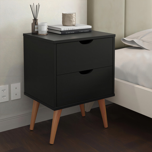 Mesa De Cabeceira 2 Gavetas Pé Palito Retrô Preto Tóquio